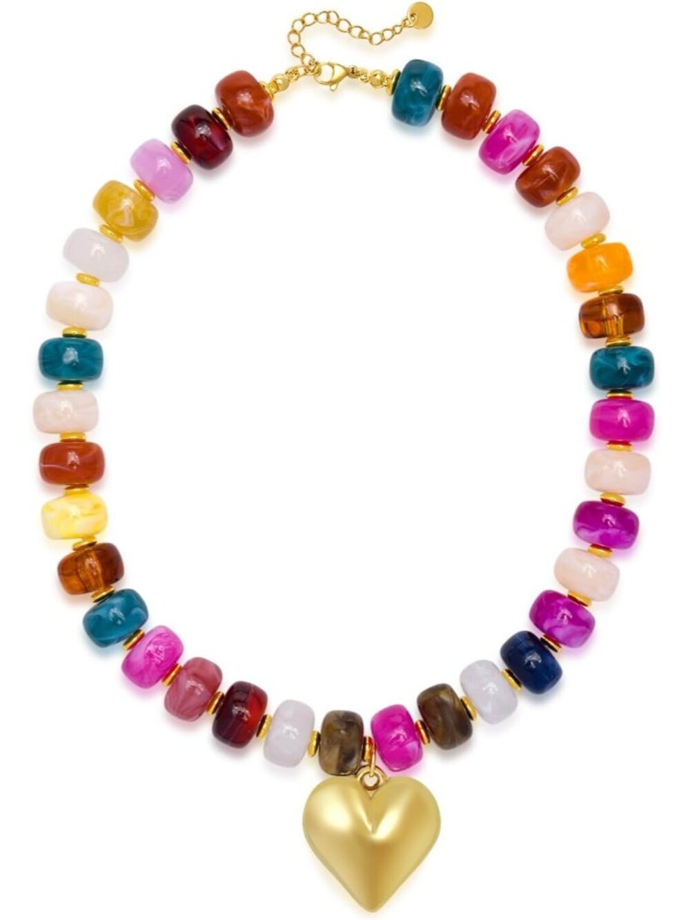 Women's Colourfull Resin Chunky Beaded Gold Heart Pendant Choker Necklace